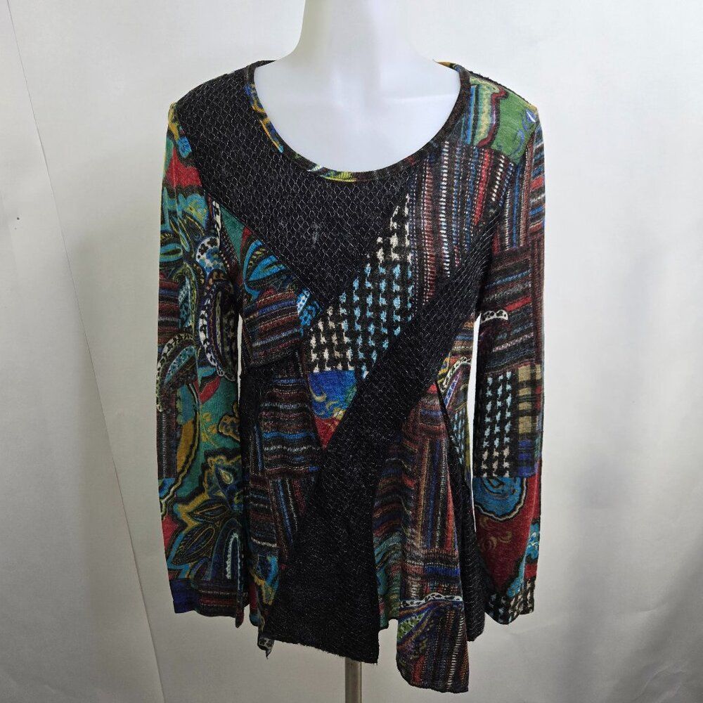 Vintage Concept Top L Patchwork Pattern Black Knit Art To Wear Asymmetric